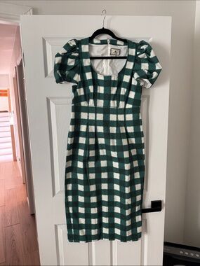 Tuckernuck Green and White Checked Puff-Sleeve Midi Dress